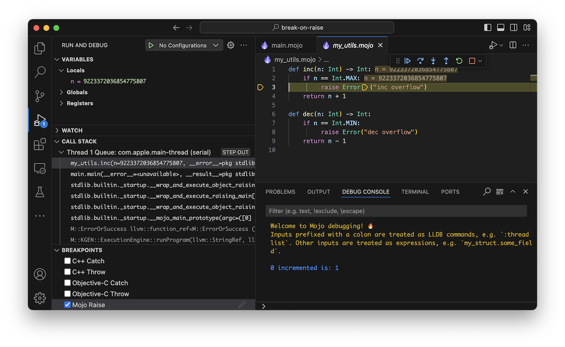 VS Code window showing a program paused in the debugger with the Run and Debug view visible. The program is paused at a raise statement.