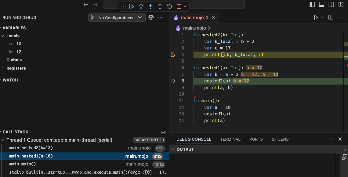 VS Code window showing a program paused in the debugger, with the call stack and variables sections of the Run and Debug view visible. The call stack shows three functions (nested2, nested1, and main). The program is paused at a breakpoint in nested2; the parent function nested1 is selected in the call stack, and editor highlights the current line in nested1 (the call to nested2()).