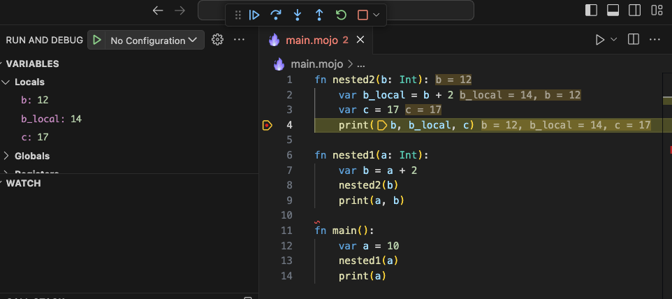 VS Code window showing a program paused in the debugger, with the variables sections of the Run and Debug view visible. The edit shows three functions (nested2, nested1, and main). The program is paused at a breakpoint in nested2.